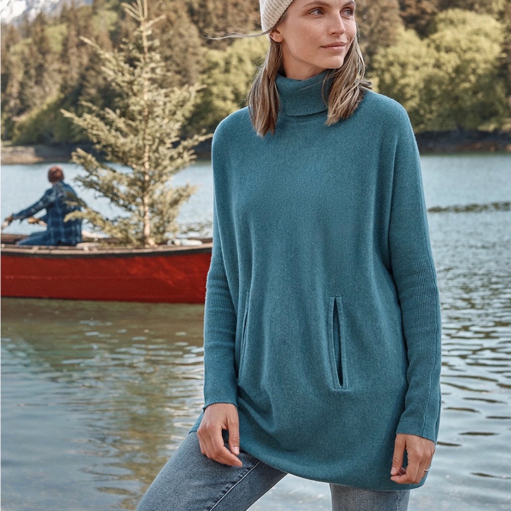 Garnet Hill Teal Haze Oversized Turtleneck Sweater Tunic Wool Cashmere Medium